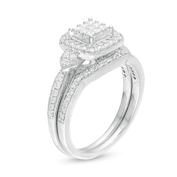 5/8 CT. T.W. Composite Princess-Cut Diamond Frame Tri-Sides Vintage-Sty 5/8 CT. T.W. Composite Princess-Cut Diamond Frame Tri-Sides Vintage-Style Bridal Set in 10K White Gold