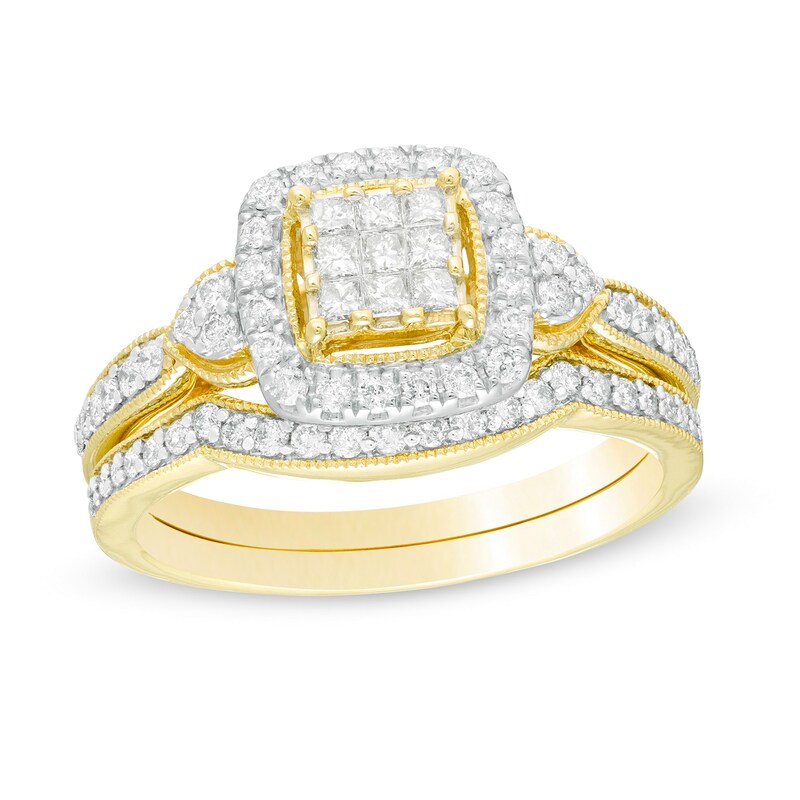 5/8 CT. T.W. Composite Princess-Cut Diamond Frame Tri-Sides Vintage-Style Bridal Set in 10K Gold