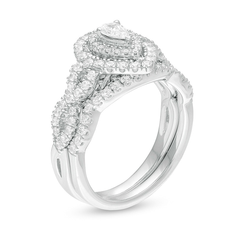 1 CT. T.W. Pear-Shaped Diamond Double Frame Twist Shank Bridal Set in 14K White Gold