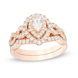 1 CT. T.W. Pear-Shaped Diamond Double Frame Twist Shank Bridal Set in 14K Rose Gold