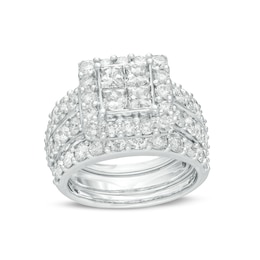 4 CT. T.W. Quad Princess-Cut Diamond Frame Three Piece Bridal Set in 14K White Gold