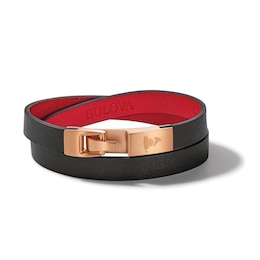 Bulova Jewelry Latin GRAMMY AWARDS® Black and Red Leather Wrap Bracelet with Rose IP Stainless Steel Clasp - 16.5&quot;