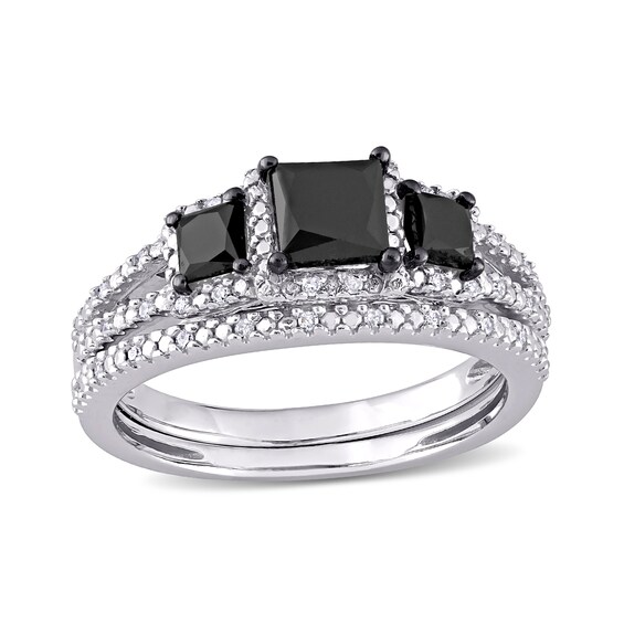 1-5/8 CT. T.W. Enhanced Black and White Princess-Cut Diamond Three Stone Bridal Set in 10K White Gold 1-5/8 CT. T.W. Enhanced Black and White Princess-Cut Diamond Three Stone Bridal Set in 10K White Gold
