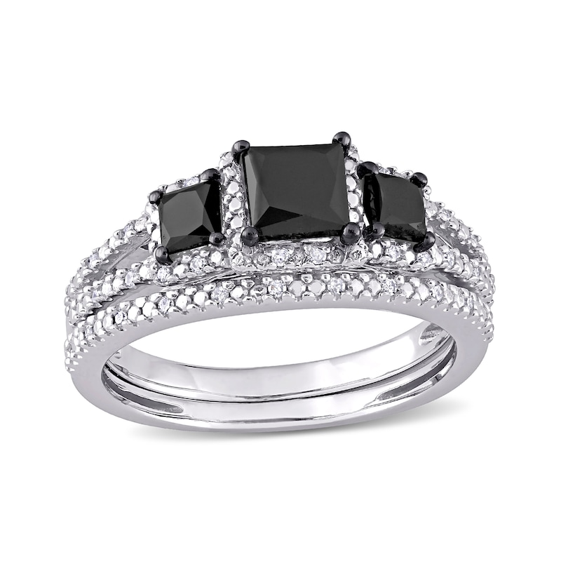 1-5/8 CT. T.W. Enhanced Black and White Princess-Cut Diamond Three Stone Bridal Set in 10K White Gold