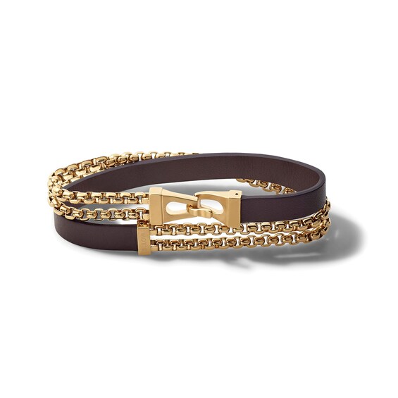 Bulova Jewelry Double Chain and Brown Leather Wrap Bracelet in Yellow IP Stainless Steel - 16" Bulova Jewelry Double Chain and Brown Leather Wrap Bracelet in Yellow IP Stainless Steel - 16"