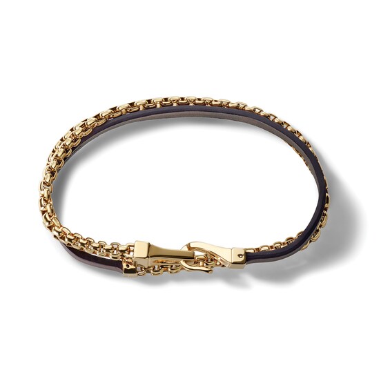 Bulova Jewelry Double Chain and Brown Leather Wrap Bracelet in Yellow IP Stainless Steel - 16" Bulova Jewelry Double Chain and Brown Leather Wrap Bracelet in Yellow IP Stainless Steel - 16"