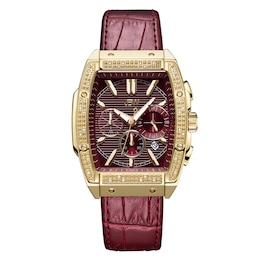 Men's JBW Echelon 1/4 CT. T.W. Diamond 18K Gold Plate Chronograph Strap Watch with Tonneau Red Dial (Model: J6379B)