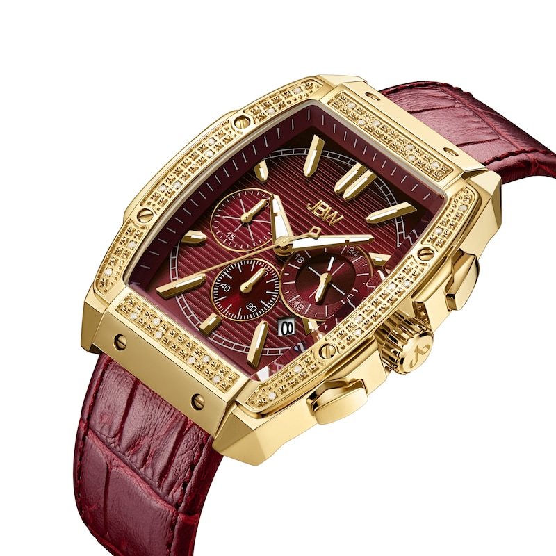 Main Image 2 of Men's JBW Echelon 1/4 CT. T.W. Diamond 18K Gold Plate Chronograph Strap Watch with Tonneau Red Dial (Model: J6379B)