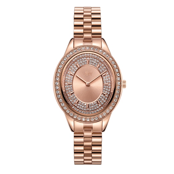 Ladies' JBW Bellini 1/8 CT. T.w. Diamond and Crystal 18K Rose Gold Plate Watch with Oval Dial (Model: J6381B)