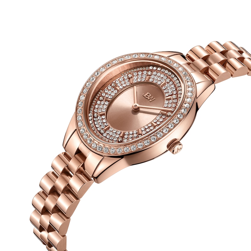 Main Image 2 of Ladies' JBW Bellini 1/8 CT. T.W. Diamond and Crystal 18K Rose Gold Plate Watch with Oval Dial (Model: J6381B)