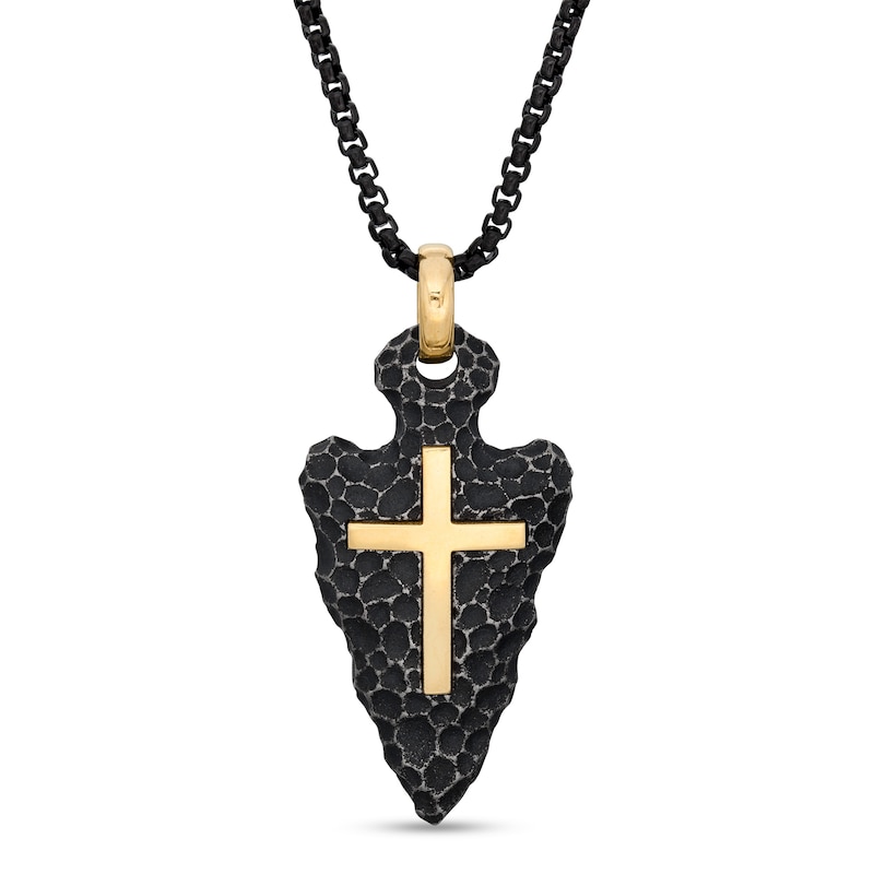 Main Image 1 of Men's Hammered Arrowhead and Cross Pendant in Two-Tone Stainless Steel - 24"
