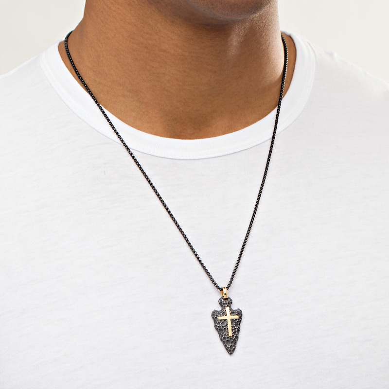 Men's Hammered Arrowhead and Cross Pendant in Two-Tone Stainless Steel - 24"