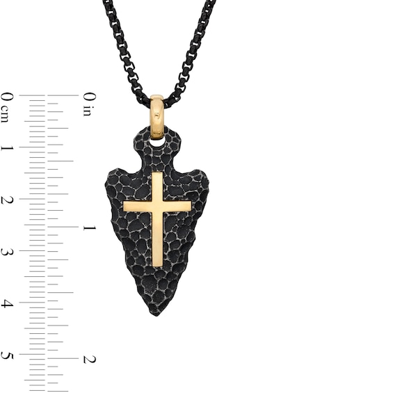 Men's Hammered Arrowhead and Cross Pendant in Two-Tone Stainless Steel - 24"