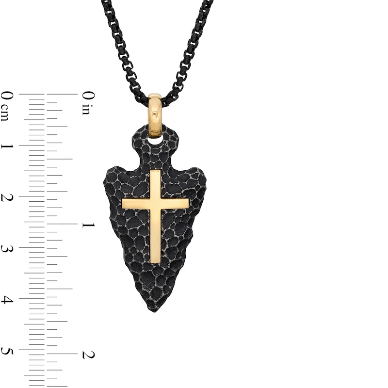 Men's Hammered Arrowhead and Cross Pendant in Two-Tone Stainless Steel - 24"