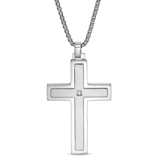 Men's Diamond Accent Stepped Edge Cross Pendant in Stainless Steel - 24"