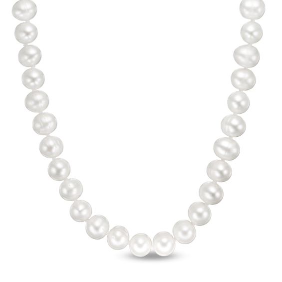 9.0-10.0mm Freshwater Cultured Pearl Knotted Strand Necklace with Sterling Silver Clasp-18"
