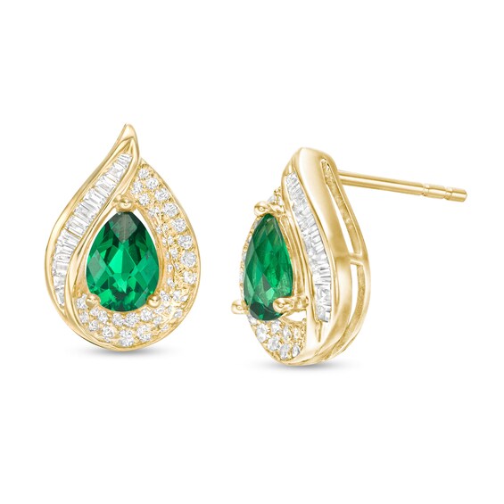 Pear-Shaped Lab-Created Emerald and White Sapphire Teardrop Stud Earrings in Sterling Silver with 14K Gold Plate Pear-Shaped Lab-Created Emerald and White Sapphire Teardrop Stud Earrings in Sterling Silver with 14K Gold Plate