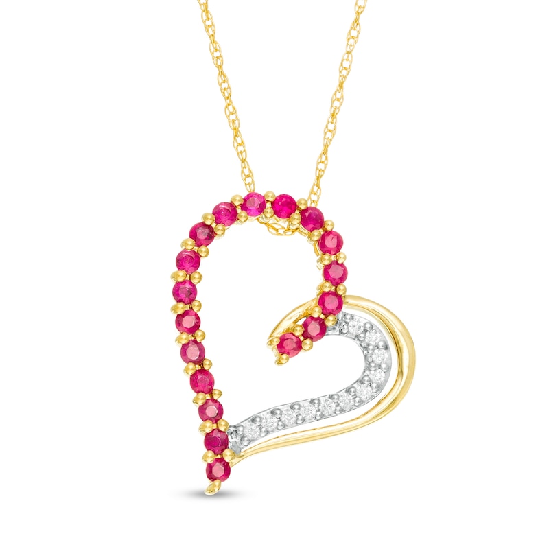 Ruby and 1/20 CT. T.W. Diamond Tilted Heart Pendant in 10K Gold