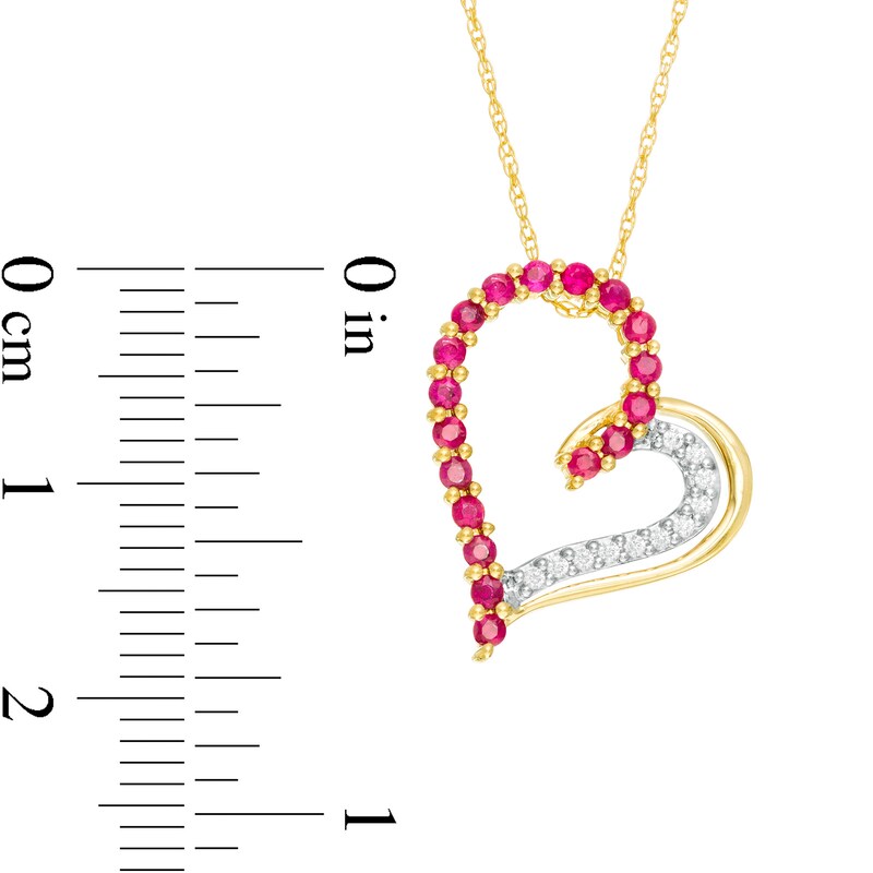 Main Image 3 of Ruby and 1/20 CT. T.W. Diamond Tilted Heart Pendant in 10K Gold