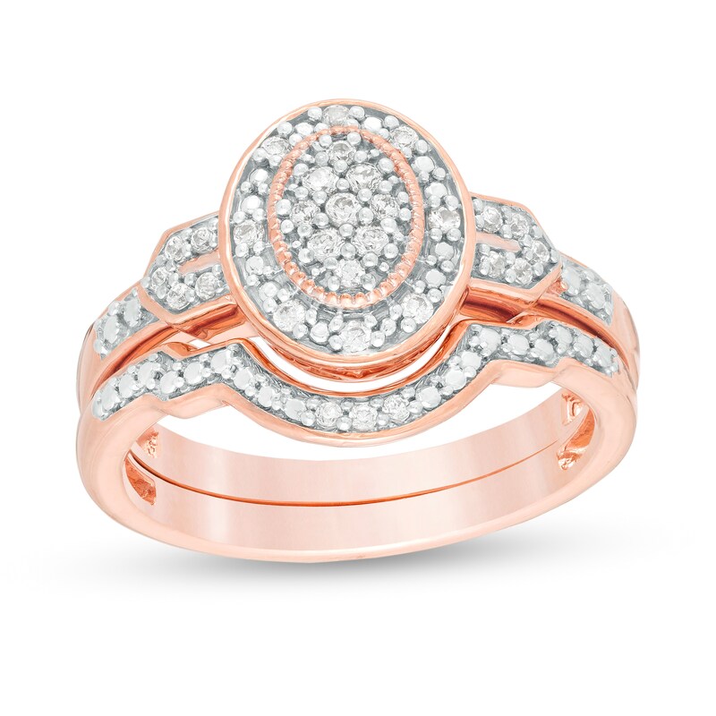 1/5 CT. T.W. Composite Diamond Oval Frame Vintage-Style Bridal Set in Sterling Silver with 14K Rose Gold Plate