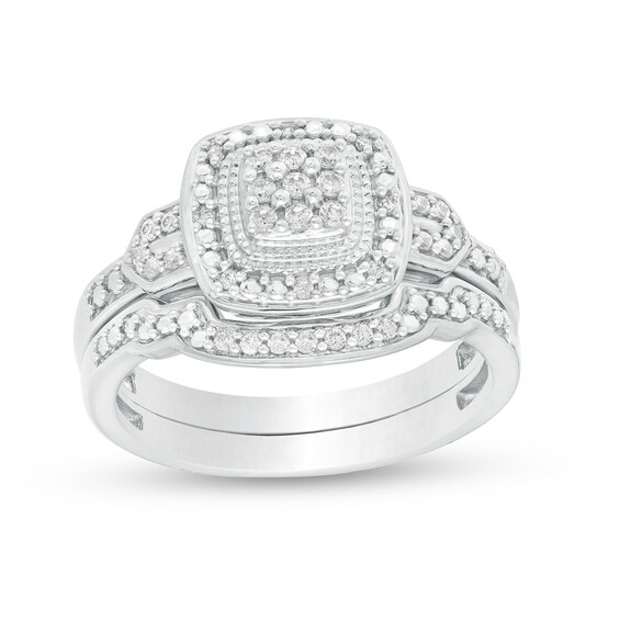 1/5 CT. T.W. Composite Diamond Cushion Frame Vintage-Style Bridal Set in Sterling Silver 1/5 CT. T.W. Composite Diamond Cushion Frame Vintage-Style Bridal Set in Sterling Silver