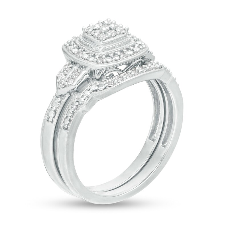 1/5 CT. T.W. Composite Diamond Cushion Frame Vintage-Style Bridal Set in Sterling Silver