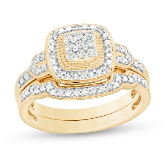 1/5 CT. T.W. Composite Diamond Cushion Frame Vintage-Style Bridal Set in Sterling Silver with 14K Gold Plate 1/5 CT. T.W. Composite Diamond Cushion Frame Vintage-Style Bridal Set in Sterling Silver with 14K Gold Plate