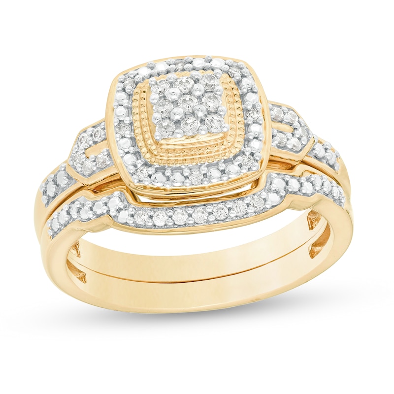 Main Image 1 of 1/5 CT. T.W. Composite Diamond Cushion Frame Vintage-Style Bridal Set in Sterling Silver with 14K Gold Plate