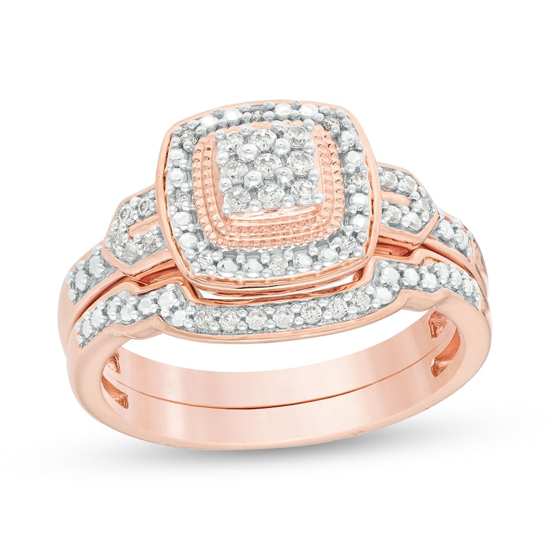 1/5 CT. T.W. Composite Diamond Cushion Frame Vintage-Style Bridal Set in Sterling Silver with 14K Rose Gold Plate