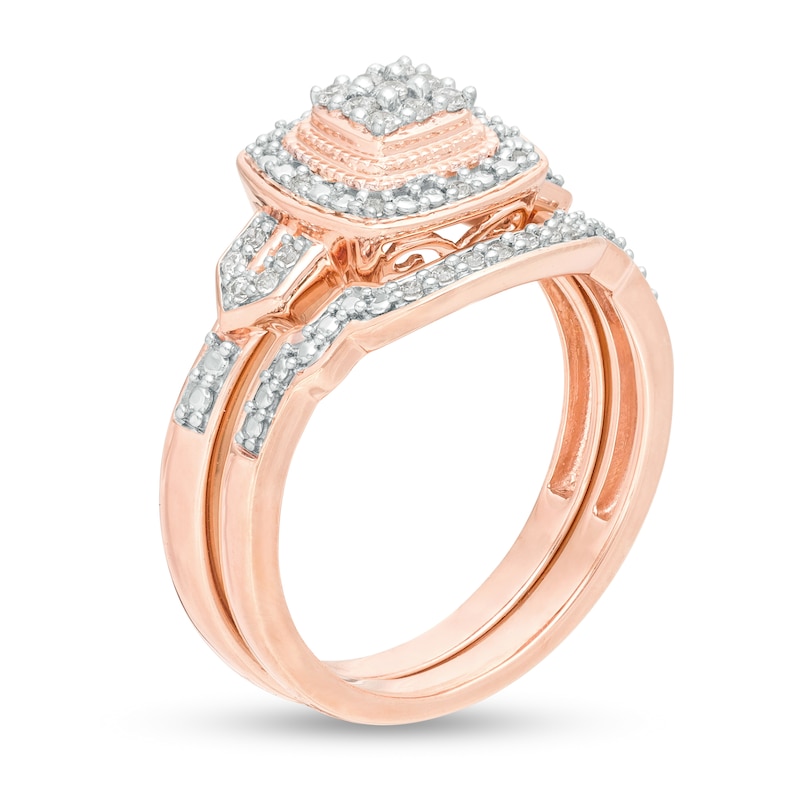 1/5 CT. T.W. Composite Diamond Cushion Frame Vintage-Style Bridal Set in Sterling Silver with 14K Rose Gold Plate