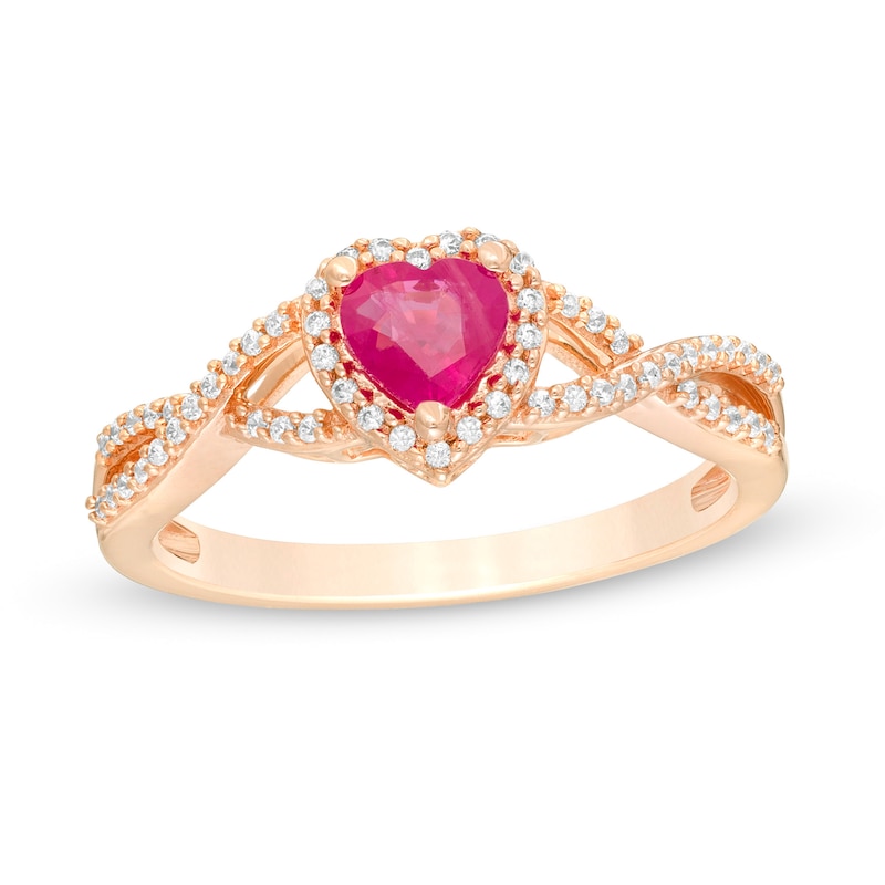 Main Image 1 of 5.0mm Heart-Shaped Ruby and 1/6 CT. T.W. Diamond Twist Shank Ring in 10K Rose Gold