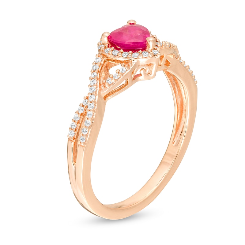 Main Image 3 of 5.0mm Heart-Shaped Ruby and 1/6 CT. T.W. Diamond Twist Shank Ring in 10K Rose Gold
