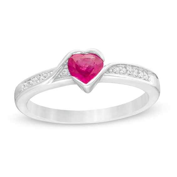 5.0mm Heart-Shaped Ruby and Diamond Accent Bypass Frame Ring in 10K White Gold 5.0mm Heart-Shaped Ruby and Diamond Accent Bypass Frame Ring in 10K White Gold