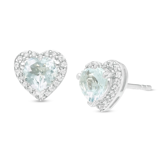 5.0mm Aquamarine and 1/8 CT. T.w. Diamond Frame Heart Stud Earrings in 10K White Gold