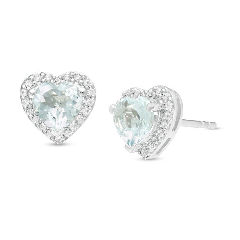 Main Image 1 of 5.0mm Aquamarine and 1/8 CT. T.W. Diamond Frame Heart Stud Earrings in 10K White Gold