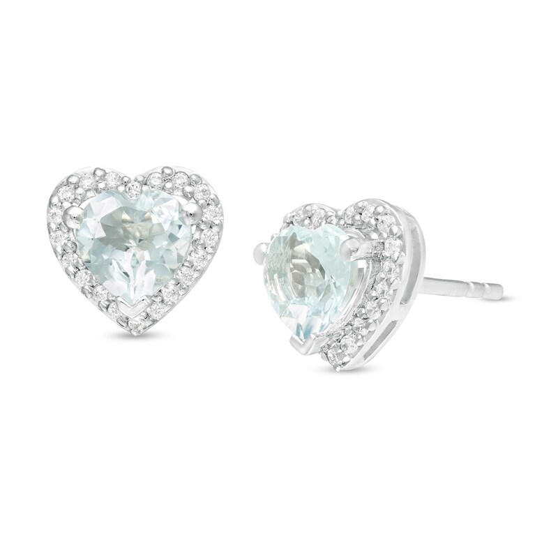 5.0mm Aquamarine and 1/8 CT. T.W. Diamond Frame Heart Stud Earrings in 10K White Gold