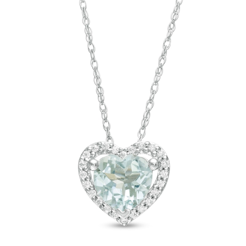 Main Image 1 of 6.0mm Aquamarine and 1/15 CT. T.W. Diamond Heart Pendant in 10K White Gold