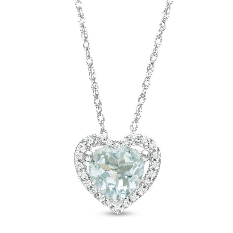 6.0mm Aquamarine and 1/15 CT. T.W. Diamond Heart Pendant in 10K White Gold