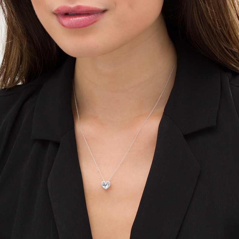 Main Image 2 of 6.0mm Aquamarine and 1/15 CT. T.W. Diamond Heart Pendant in 10K White Gold