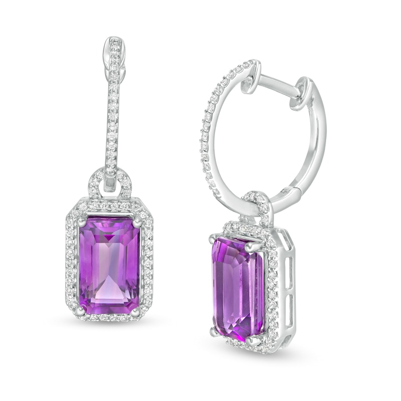 Elongated Emerald-Cut Amethyst and White Topaz Frame Doorknocker Drop Earrings in Sterling Silver