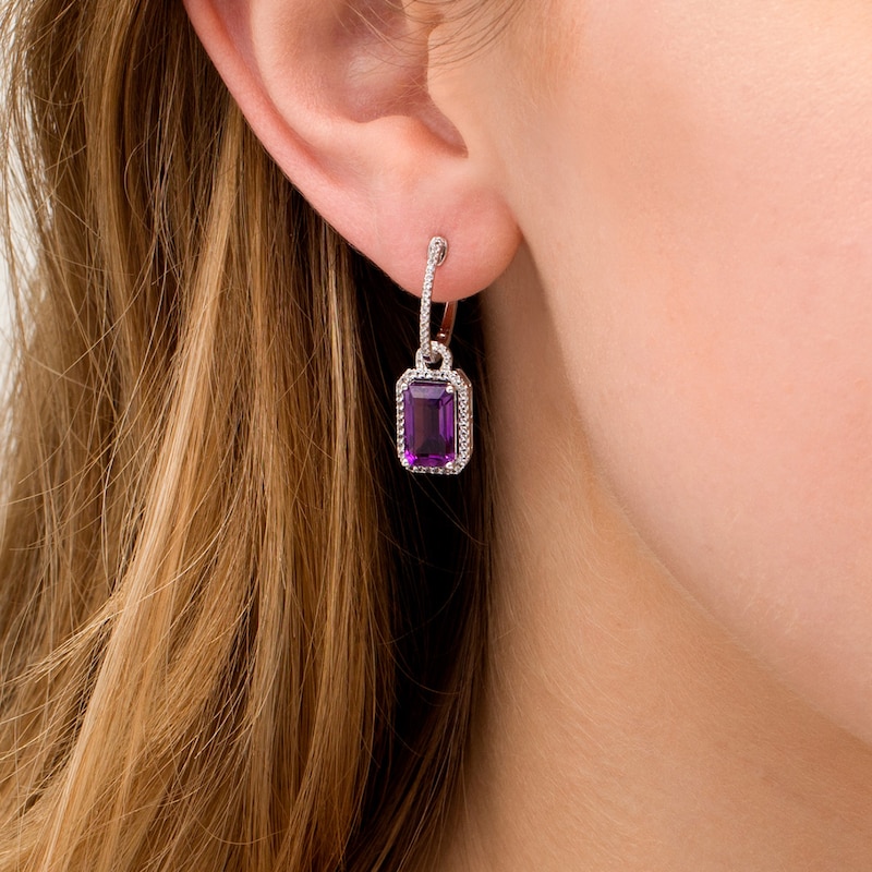 Elongated Emerald-Cut Amethyst and White Topaz Frame Doorknocker Drop Earrings in Sterling Silver