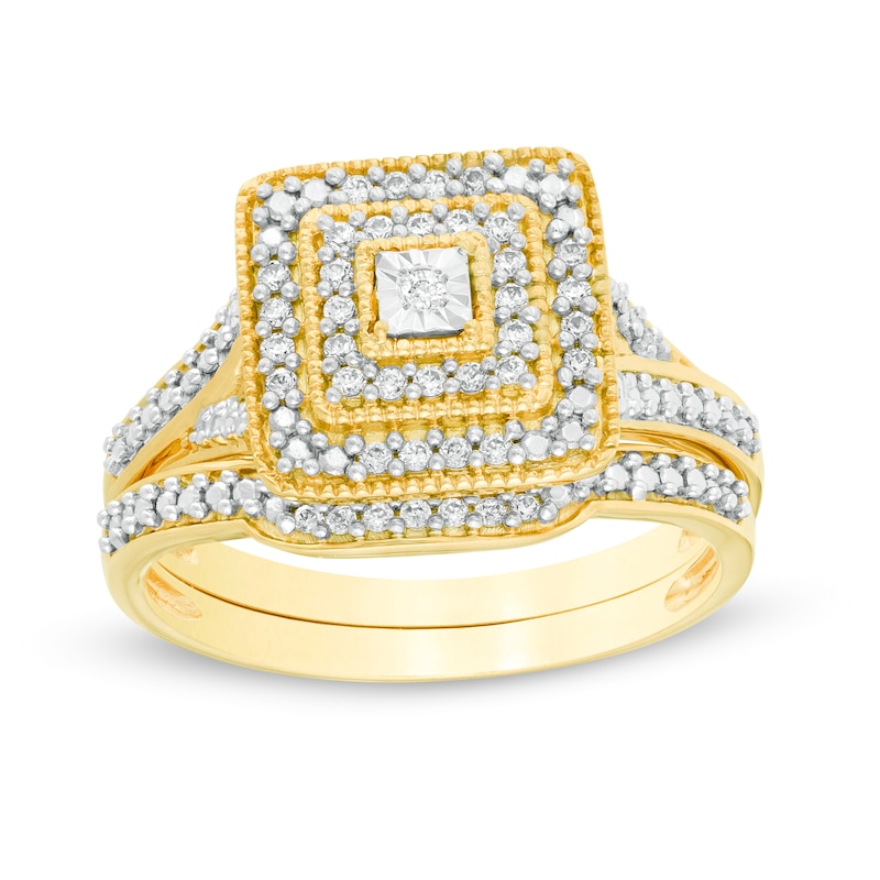 Main Image 1 of 1/5 CT. T.W. Diamond Double Square Frame Vintage-Style Bridal Set in Sterling Silver with 14K Gold Plate