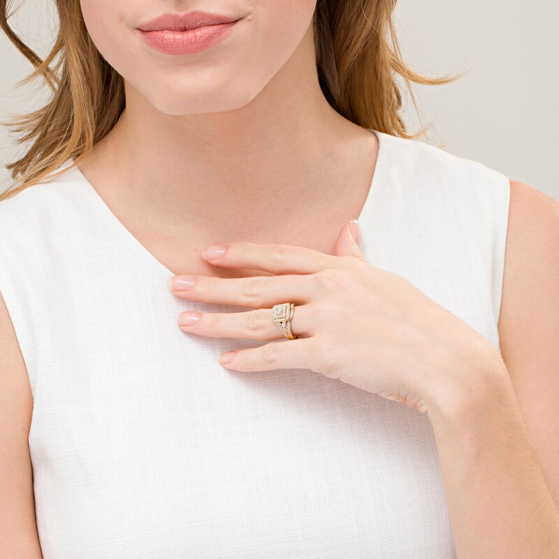 Main Image 2 of 1/5 CT. T.W. Diamond Double Square Frame Vintage-Style Bridal Set in Sterling Silver with 14K Gold Plate