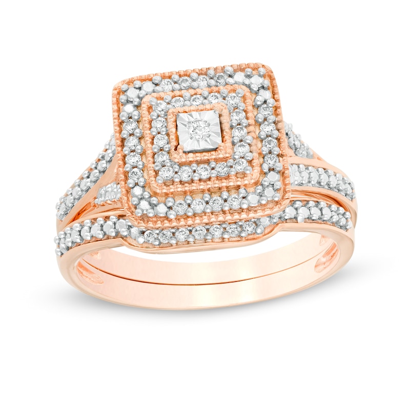 1/5 CT. T.W. Diamond Double Square Frame Vintage-Style Bridal Set in Sterling Silver with 14K Rose Gold Plate