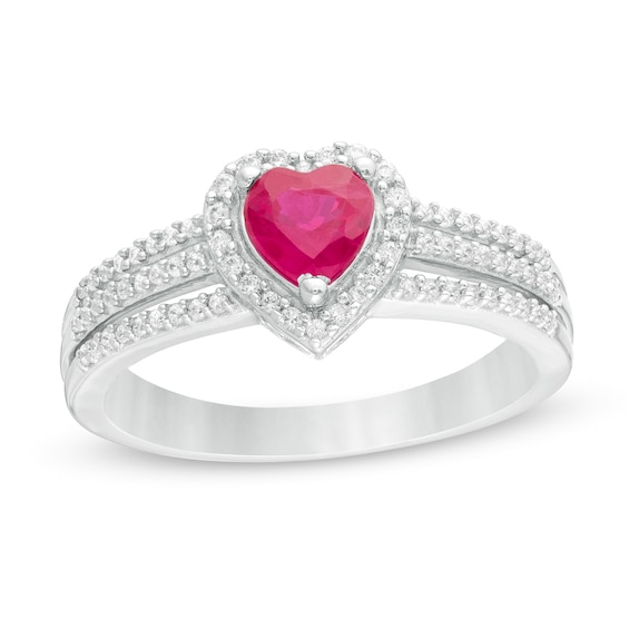5.0mm Heart-Shaped Ruby and 1/5 CT. T.w. Diamond Triple Row Split Shank Ring in 10K White Gold