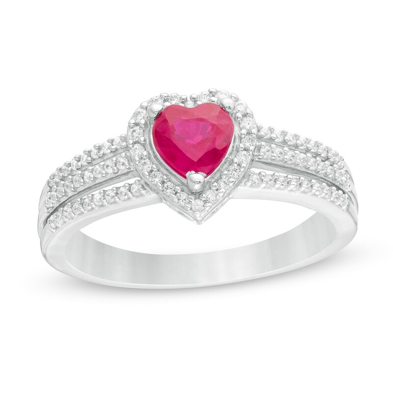 Main Image 1 of 5.0mm Heart-Shaped Ruby and 1/5 CT. T.W. Diamond Triple Row Split Shank Ring in 10K White Gold