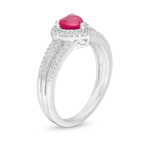 5.0mm Heart-Shaped Ruby and 1/5 CT. T.w. Diamond Triple Row Split Shank Ring in 10K White Gold