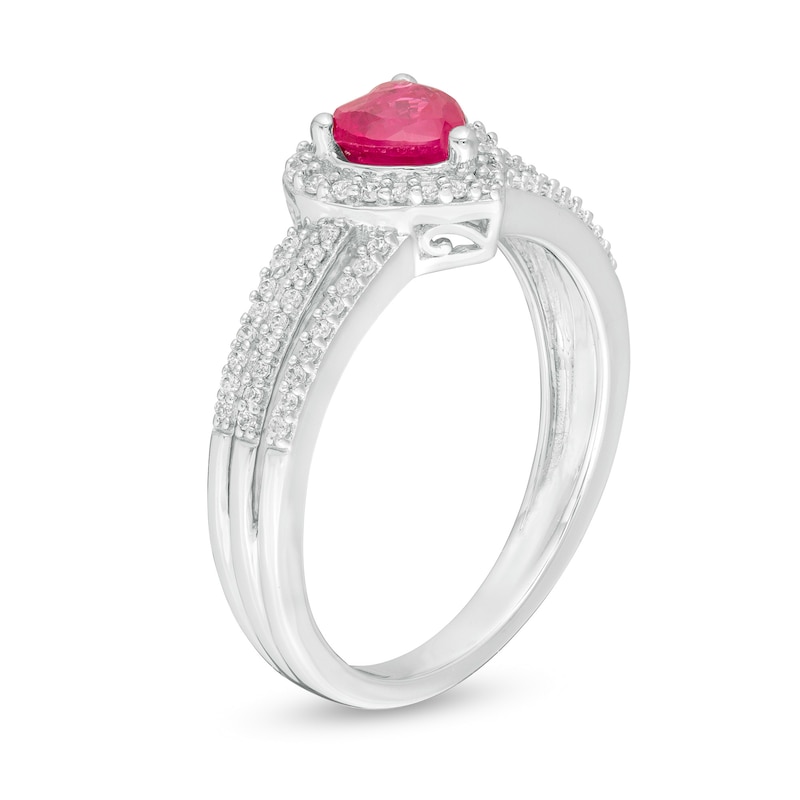 Main Image 3 of 5.0mm Heart-Shaped Ruby and 1/5 CT. T.W. Diamond Triple Row Split Shank Ring in 10K White Gold