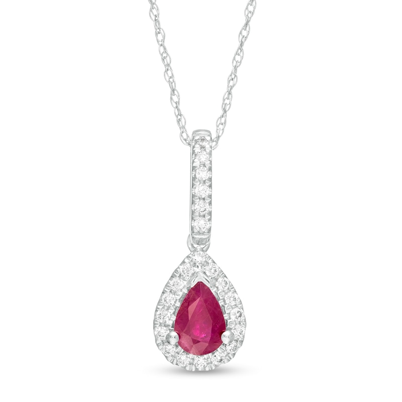 Pear-Shaped Ruby and 1/8 CT. T.W. Diamond Teardrop Pendant in 10K White Gold