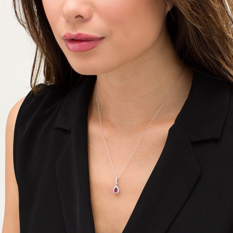 Pear-Shaped Ruby and 1/8 CT. T.W. Diamond Teardrop Pendant in 10K White Gold